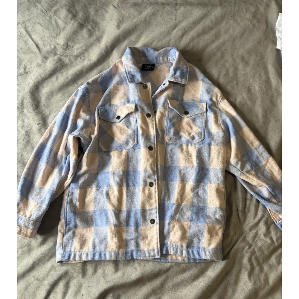 HFX Blue Cream Buffalo Plaid Fleece Shacket Shirt Jacket Large